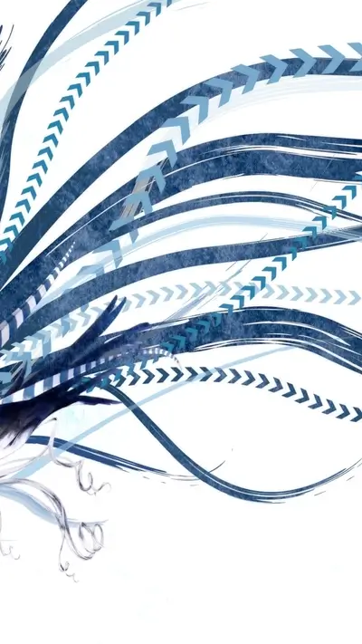 Abstract blue and white artwork with stylized brushstrokes