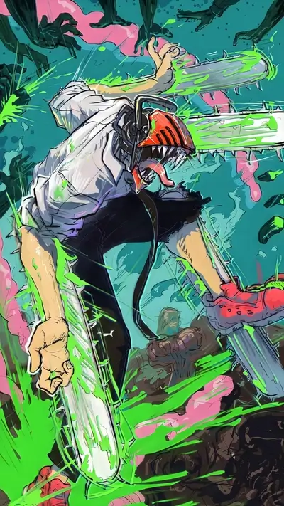 Action scene with chainsaw man, green splashes and dark shadowy figures