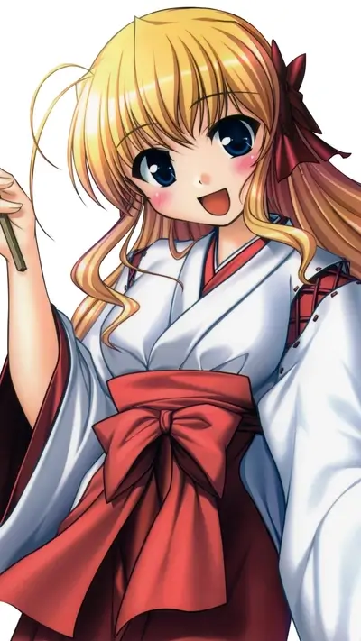 Adorable anime girl in traditional clothing with blonde hair and striking blue eyes