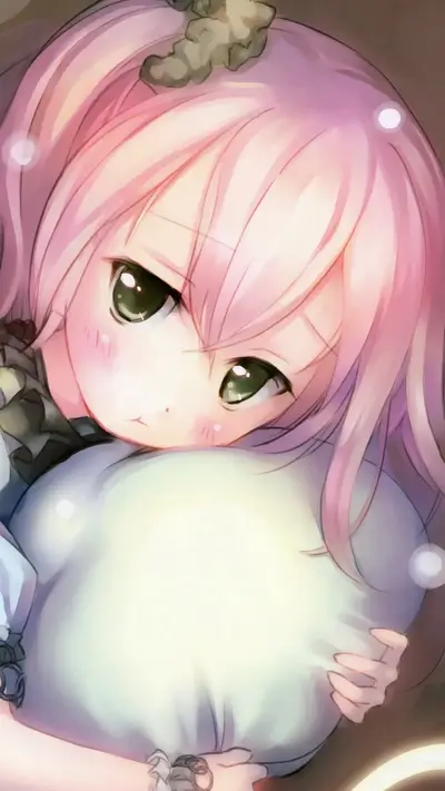 Adorable anime girl is holding glowing plush toy, looking at viewer