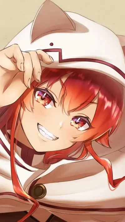 Adorable anime girl with red hair, big eyes, and a charming smile