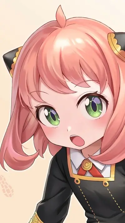 Adorable Anya Forger with a surprised expression, cartoon character, pink hair