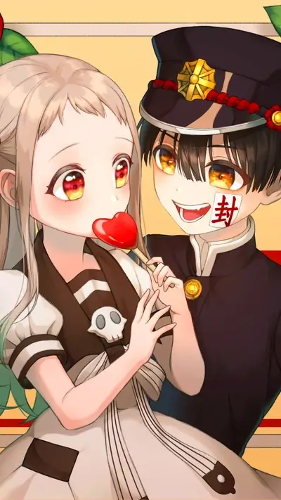 Adorable chibi characters sharing a sweet treat