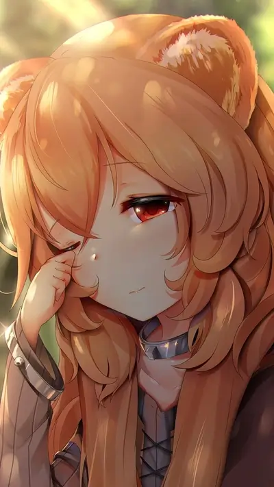Adorable tanuki-like girl with fluffy ears, looking down in thoughtful pose