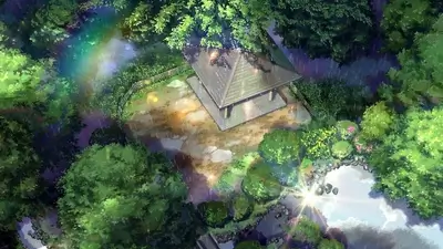 Aerial view of a pavilion in a lush rainy garden