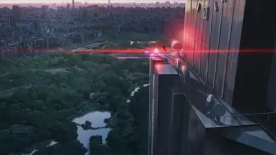 Aerial view of city park next to skyscraper at dusk
