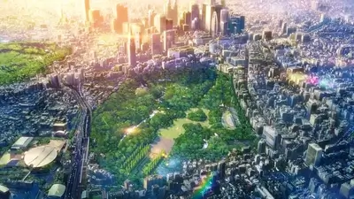 Aerial view of sprawling cityscape with central park at golden hour