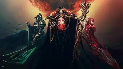 Ainz Ooal Gown standing with armored Albedo and Shalltear