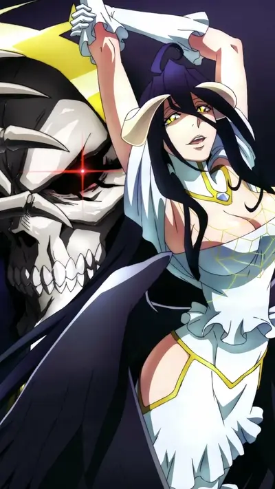 Albedo posing with arms raised next to Ainz Ooal Gown