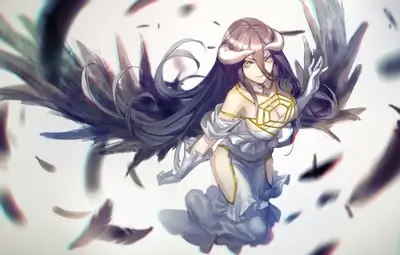 Albedo with large black wings and white dress surrounded by feathers