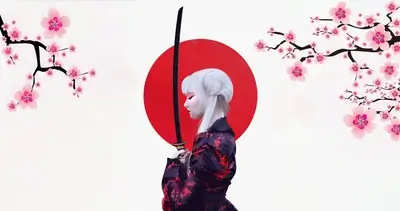 Albino-haired woman in kimono with cherry blossoms and katana against Japan's national symbol