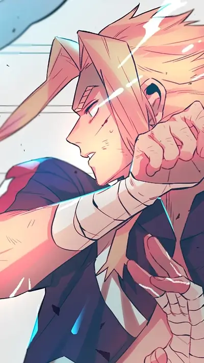 All Might ready to fight, fist clenched with bandages, determined expression on his face