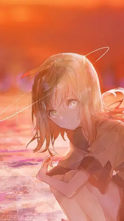 An expressive drawing, a blond girl sitting, thoughtful and melancholy mood during a pink and orange sunset