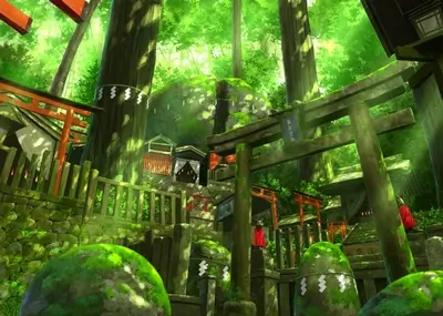 Ancient Japanese shrine nestled in a lush green forest