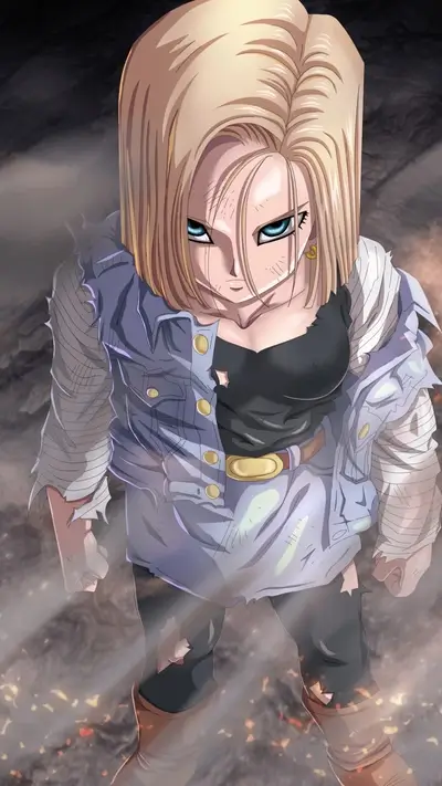 Android 18 looking down intensely, with tattered clothes and an intense expression