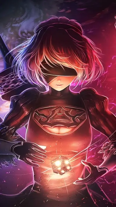 Android 2B: Blindfolded warrior holding glowing cube with mysterious, magical energy.