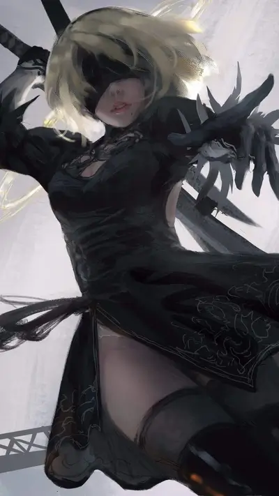 Android woman in black dress and blindfold holding a sword