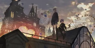 Androids amid fireworks, architecture, and a Ferris wheel at dusk