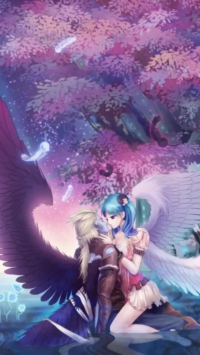 Angel and demon embracing under a mystical tree