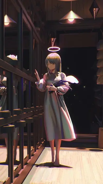 Angel girl in a dark room with mirrors