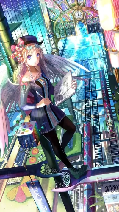 Angel girl sketching in a futuristic city
