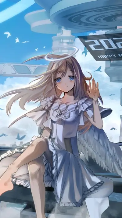 Angel girl waving on futuristic architecture