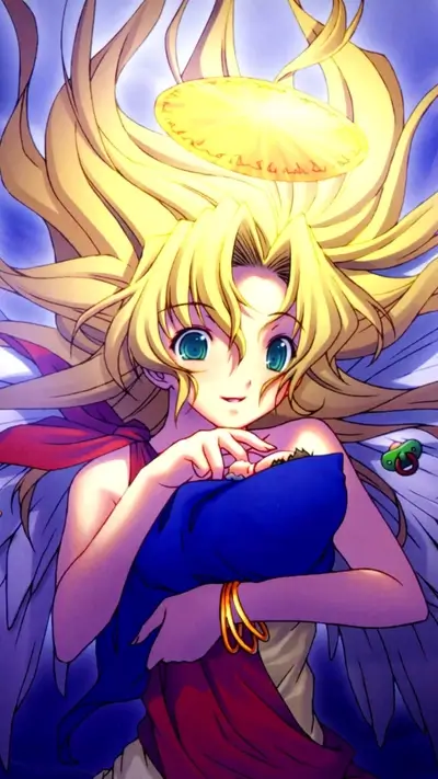 Angel girl with blonde hair and halo, holding a pillow