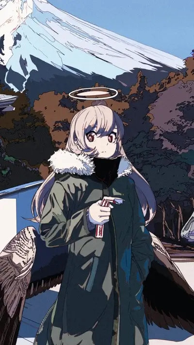 Angel girl with wings near Mount Fuji