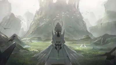 Angel-like figure stands, looking toward a lush valley and ancient ruins