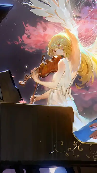 Angel playing violin near a piano