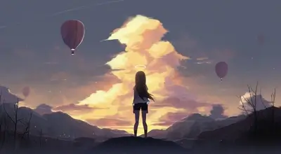 Angel standing on a hill, looking at hot air balloons at sunset