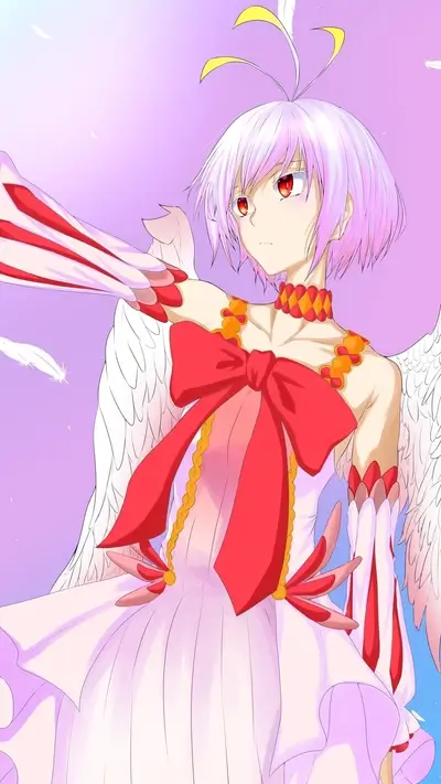 Angelic female character with white hair, red eyes, and winged sleeves, holding a bow