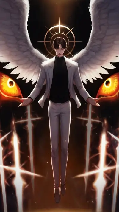 Angelic figure with large wings, surrounded by fiery swords