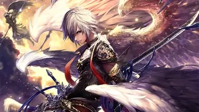 Angelic warrior with large wings and a sword