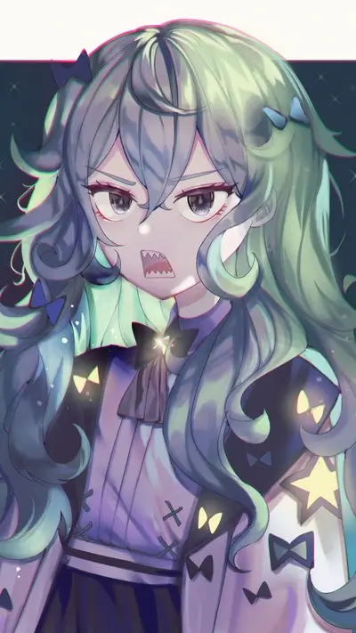 Angry girl with long green hair