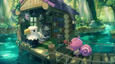 Animal Crossing characters in a forest cabin
