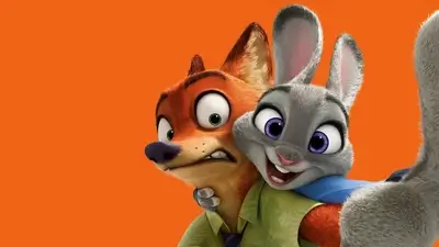 Animated characters hugging, fox appears uncomfortable, rabbit is happy