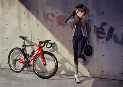 Animated cyclist leaning against concrete wall next to racing bike
