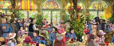 Animated gathering inside a beautiful establishment, people conversing with elegant decor and stained glass