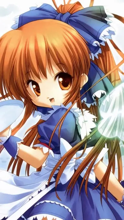 Animated girl in blue dress and bow, holding glowing orb
