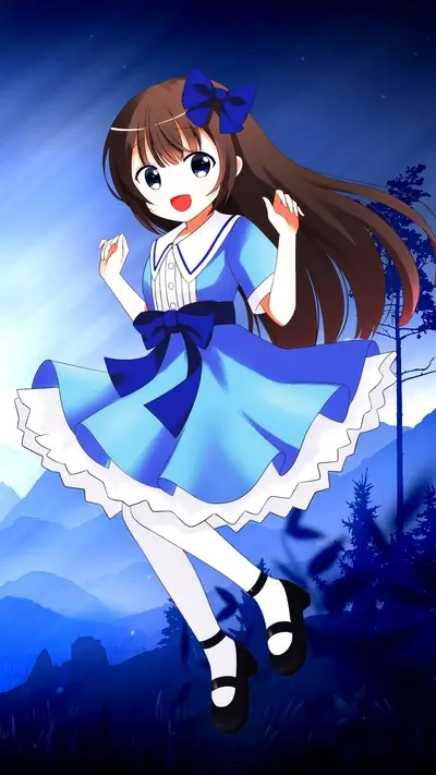 Animated girl in blue dress, white stockings, black Mary Janes posing and cheerful