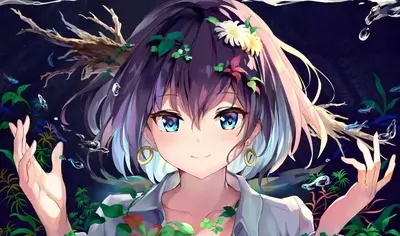 Animated girl underwater, serene expression, surrounded by aquatic plants, flowers, and fish