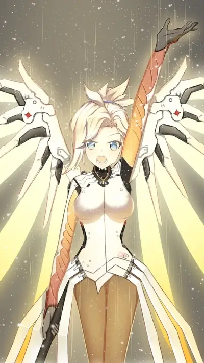 Animated Mercy with outstretched arm, against a sparkling backdrop