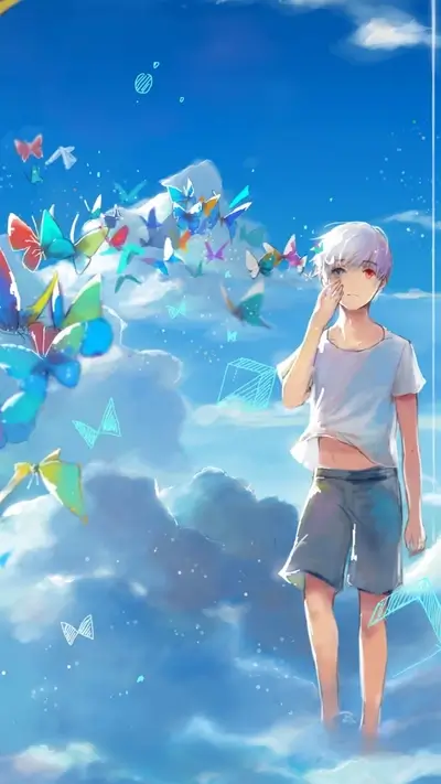 Anime boy amidst colorful butterflies and clouds, vibrant sky creating ethereal atmosphere