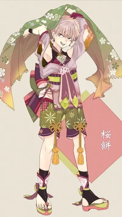 Anime boy in a kimono, holding a cloth