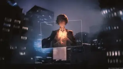 Anime boy in a suit holding a light source in a city