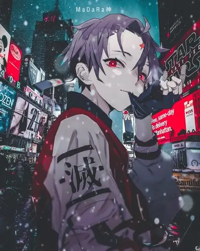 Anime boy in Times Square, snowing