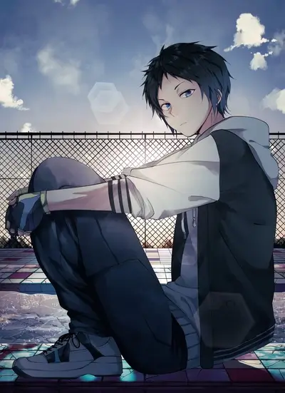 Anime boy sitting by fence at sunset