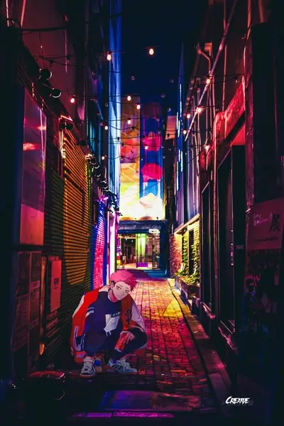 Anime boy sitting in a vibrant neon alleyway