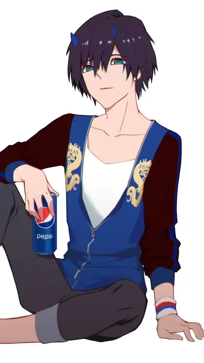Anime boy sitting with a Pepsi, stylishly dressed and calm